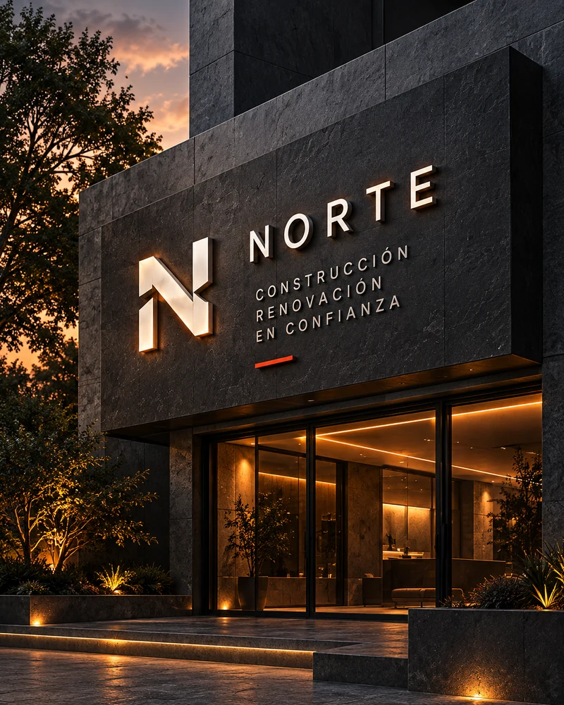 Rótulo iluminado de la marca sobre la fachada de piedra de unas oficinas, al anochecer.