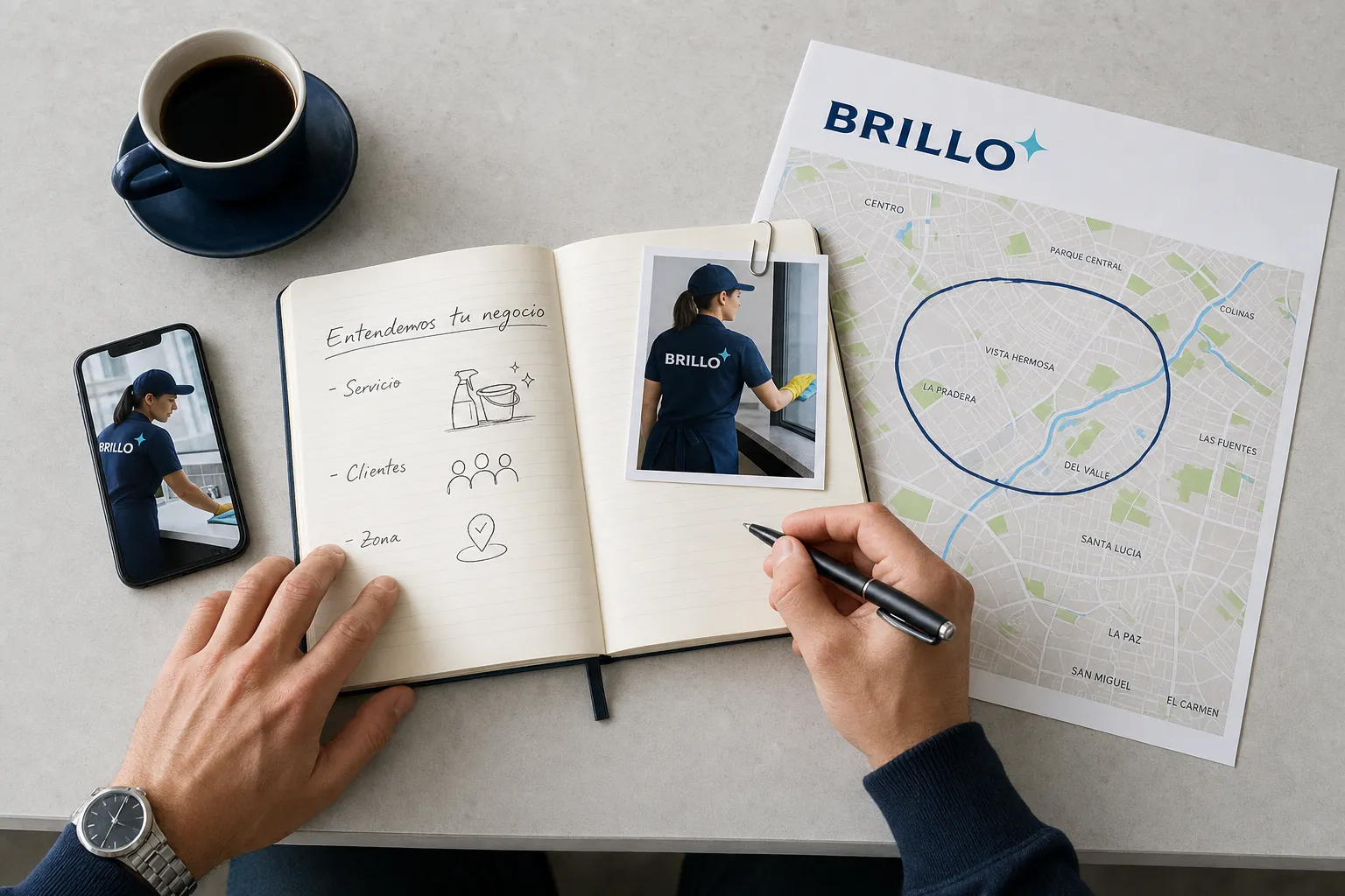 Manos sobre una libreta con notas de servicio, clientes y zona del negocio, junto a la foto de una limpiadora de Brillo y un mapa con la zona marcada.