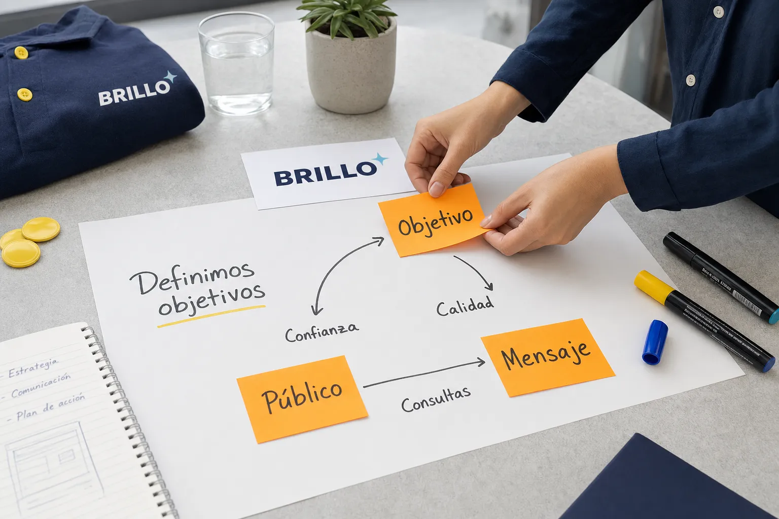 Manos pegando notas naranjas con «Objetivo», «Público» y «Mensaje» sobre un pliego con el logo de Brillo.
