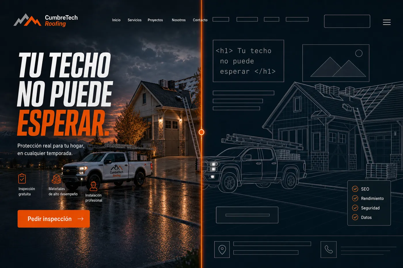 El sitio de CumbreTech Roofing partido en dos: a la izquierda terminado, con foto, titular y botón; a la derecha su plano técnico, con el código del titular y la lista SEO, rendimiento, seguridad y datos.
