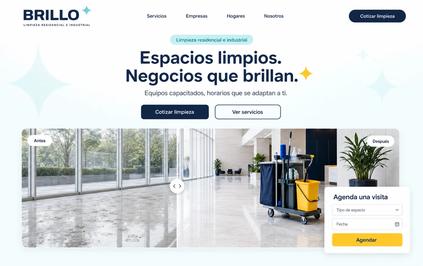 Sitio de Brillo: fondo claro, titular centrado «Espacios limpios. Negocios que brillan.» y una foto de antes y después de una oficina.