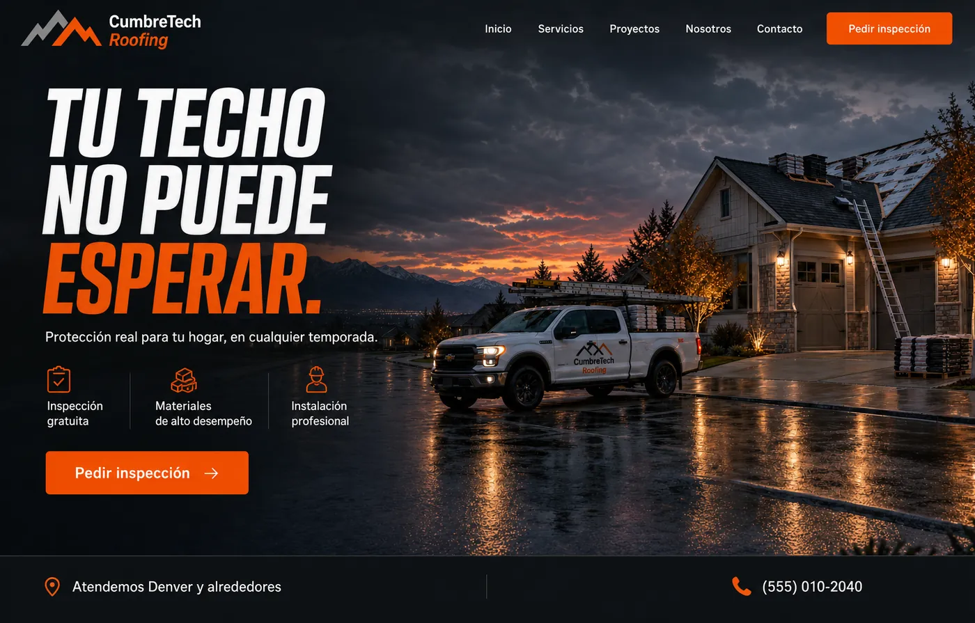 Sitio nuevo de CumbreTech Roofing: titular «Tu techo no puede esperar», camioneta rotulada frente a una casa y el botón «Pedir inspección».